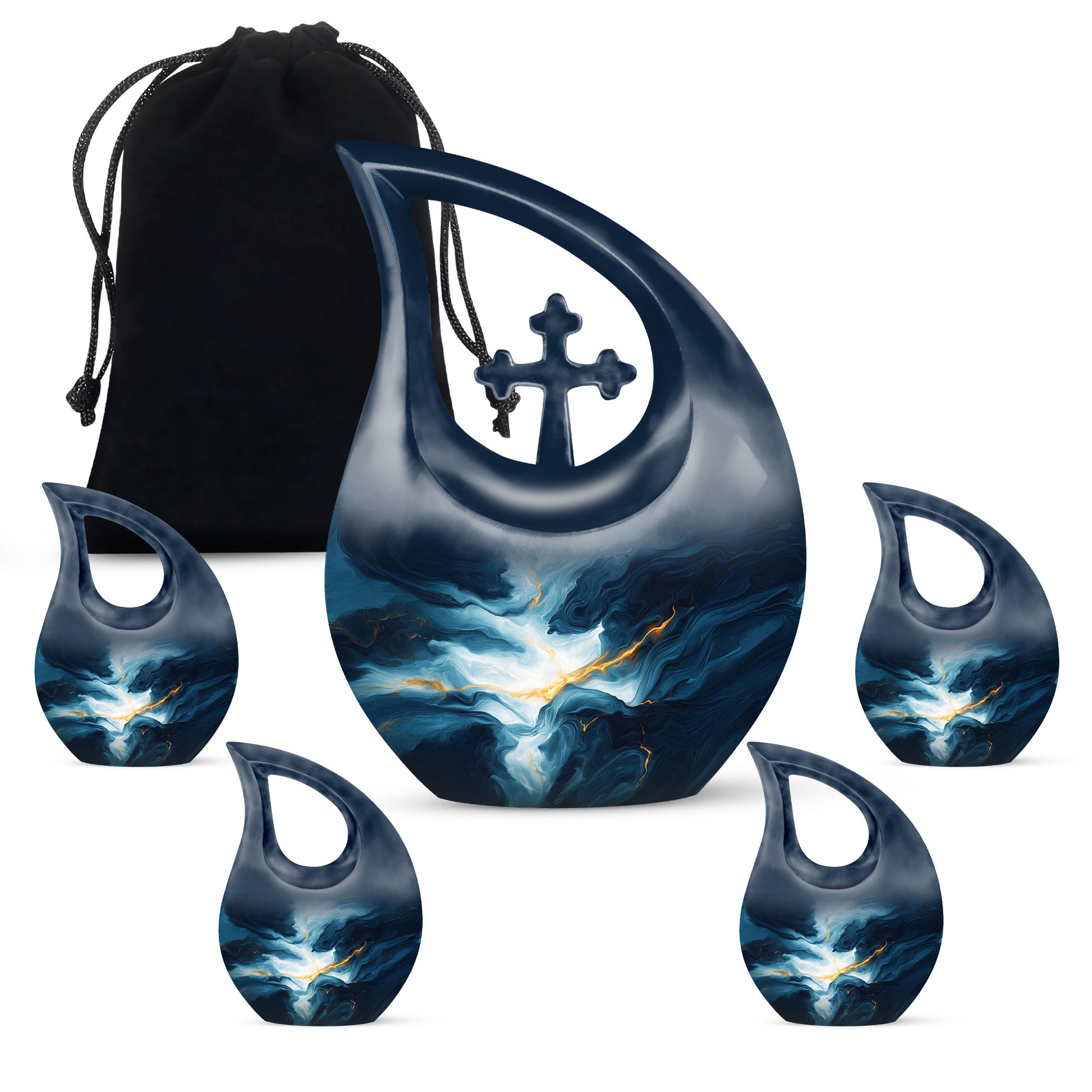 Bright Blue Blue Cremation Urn urn with complimentary velvet bag - faith-inspired cross-drop urn with blue pattern - memorial set with one large and four small urns