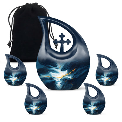 Bright Blue Blue Cremation Urn urn with complimentary velvet bag - faith-inspired cross-drop urn with blue pattern - memorial set with one large and four small urns