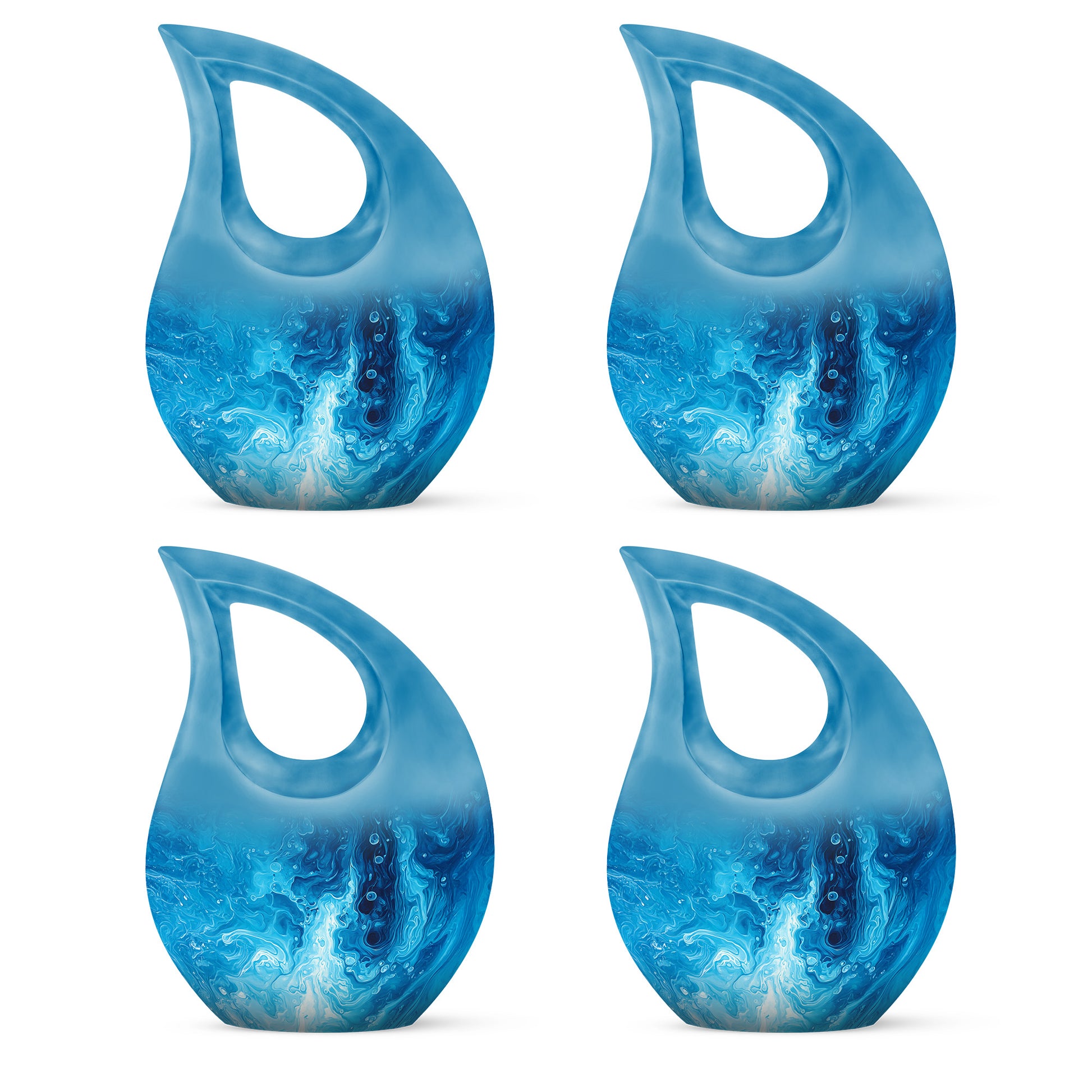 Icy Blue Blue Cremation Urn lifestyle display on memorial shelf - sacred cross merged with blue motif on metal - 10 inch aluminum urn for cremated remains