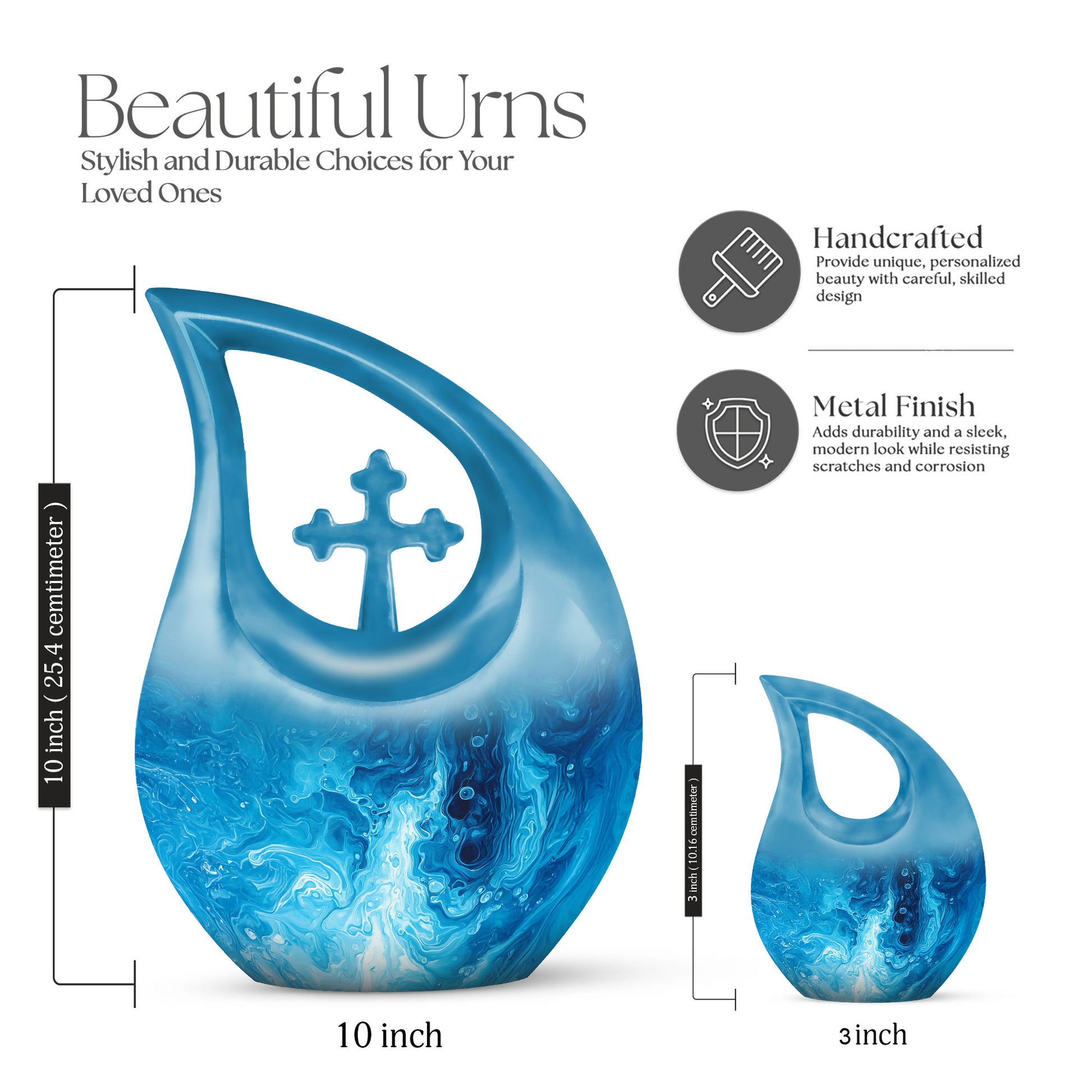 Sky Blue Blue Cremation Urn back view with polished surface - sacred cross merged with blue motif on metal - mini keepsake memorial for portion of cremation ashes