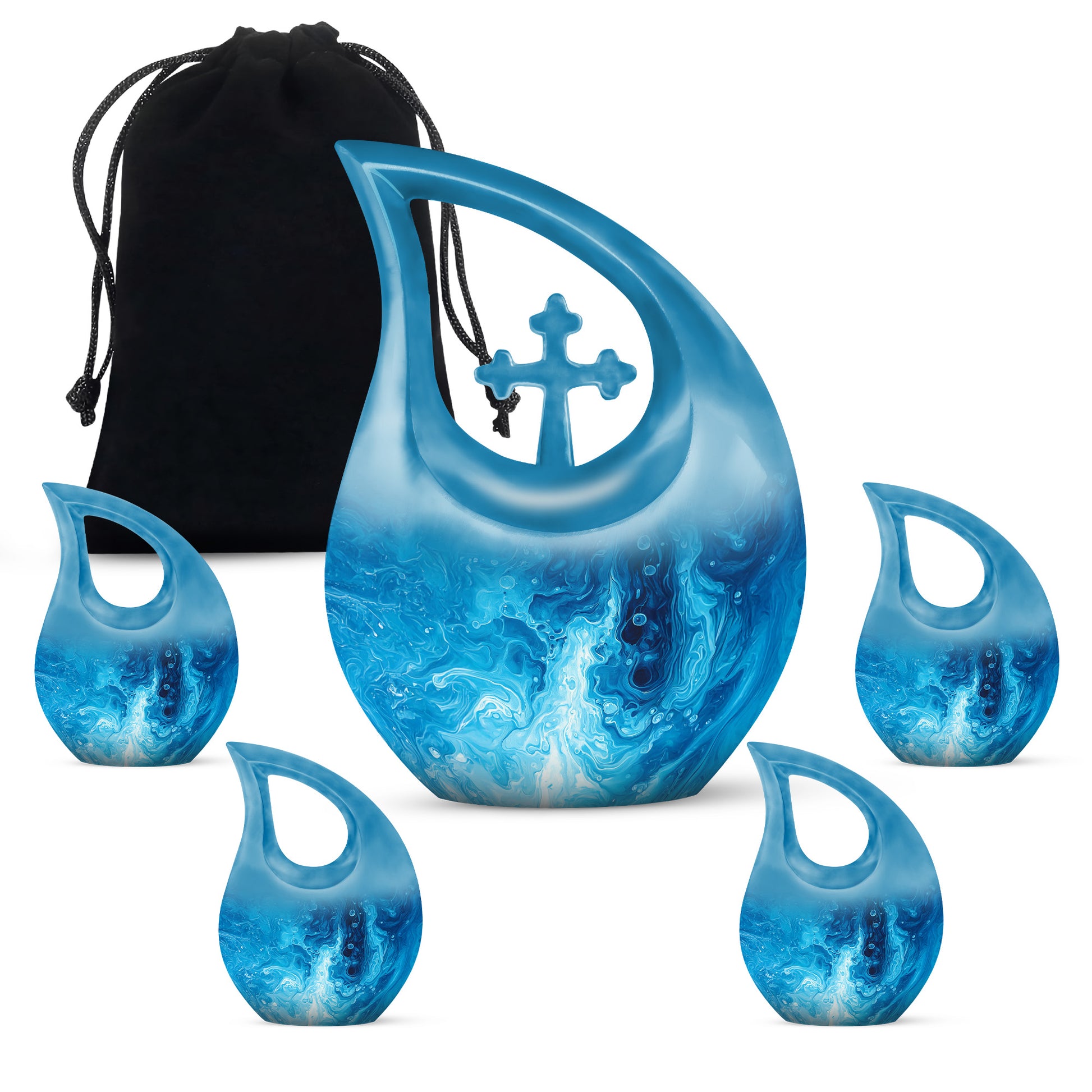 Icy Blue Blue Cremation Urn urn with complimentary velvet bag - sacred cross merged with blue motif on metal - memorial set with one large and four small urns
