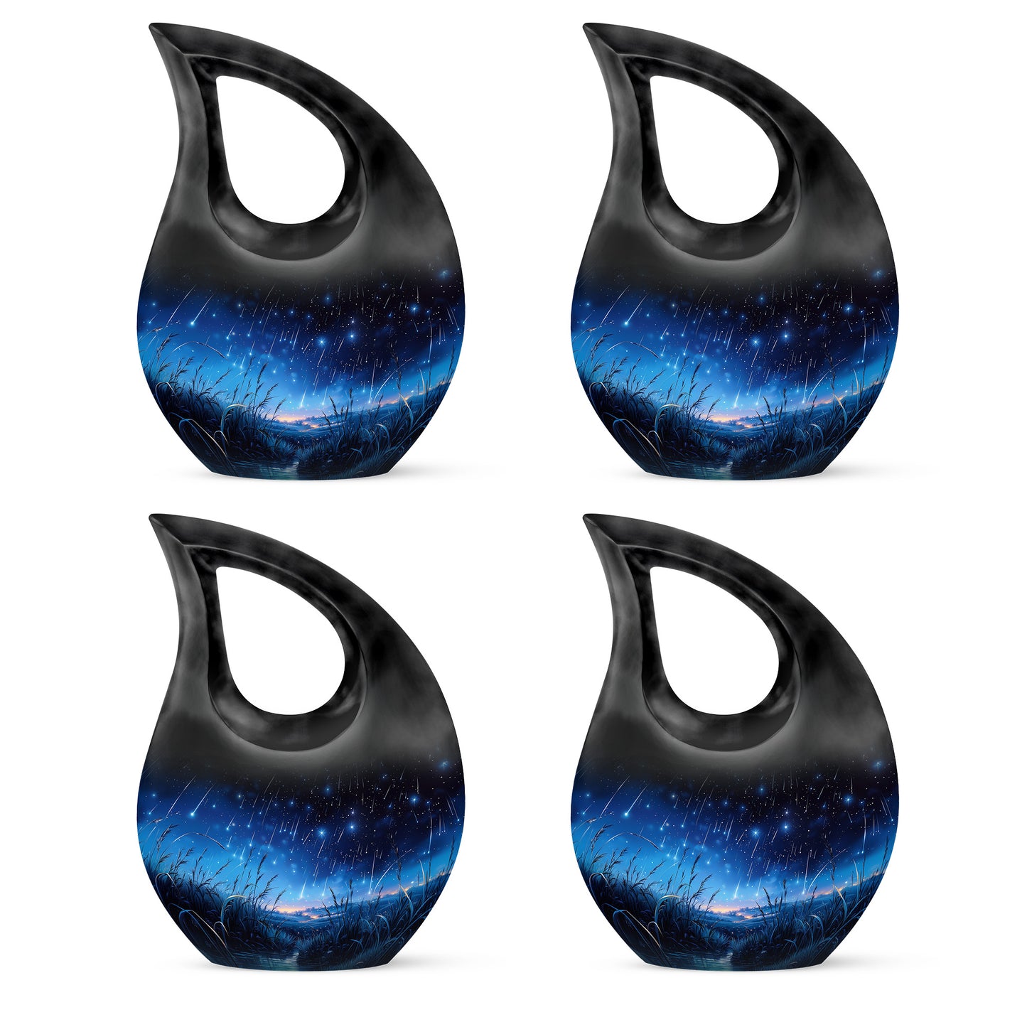 Ebony Blue Cremation Urn lifestyle display on memorial shelf - sacred cross merged with blue motif on metal - 10 inch aluminum urn for cremated remains