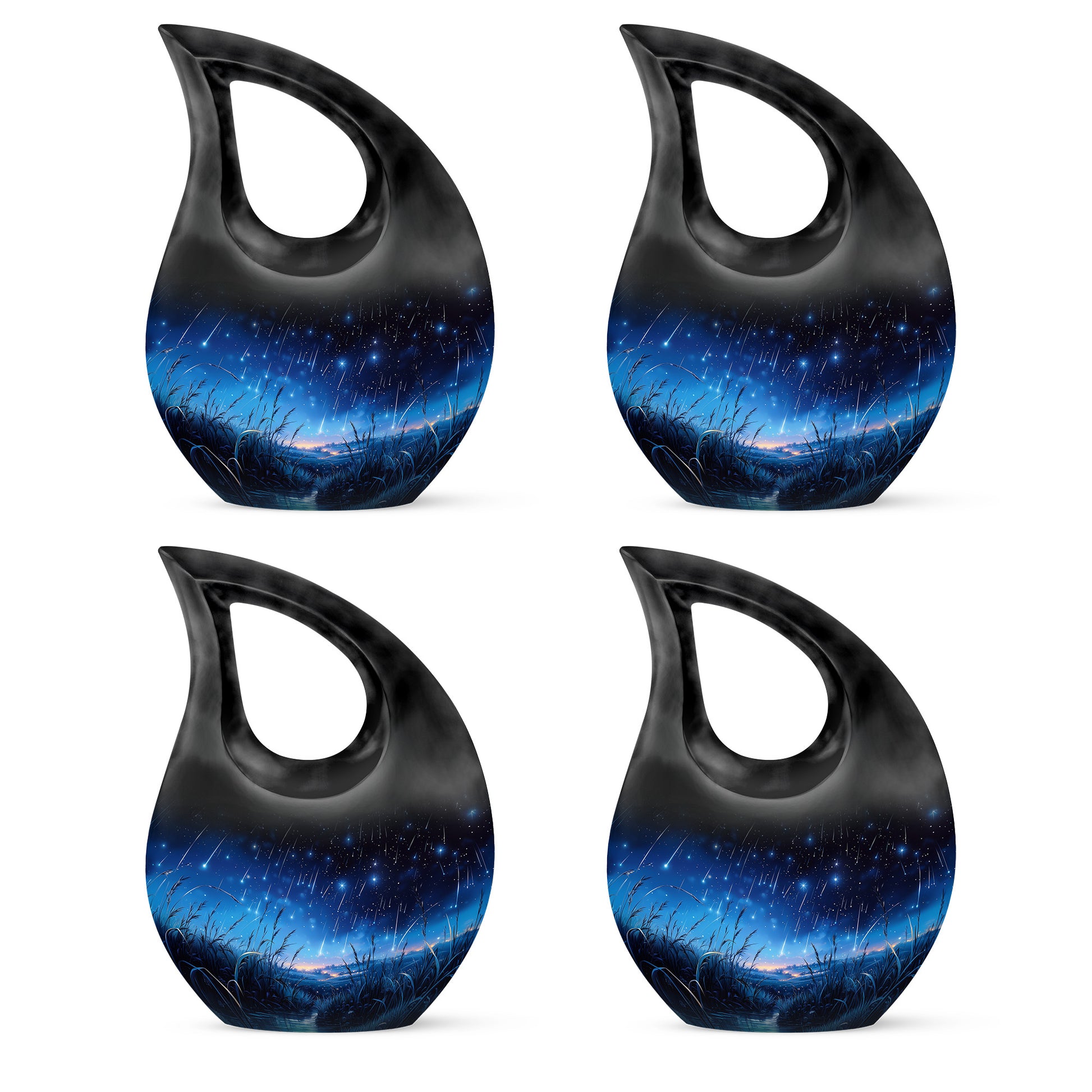 Ebony Blue Cremation Urn lifestyle display on memorial shelf - sacred cross merged with blue motif on metal - 10 inch aluminum urn for cremated remains