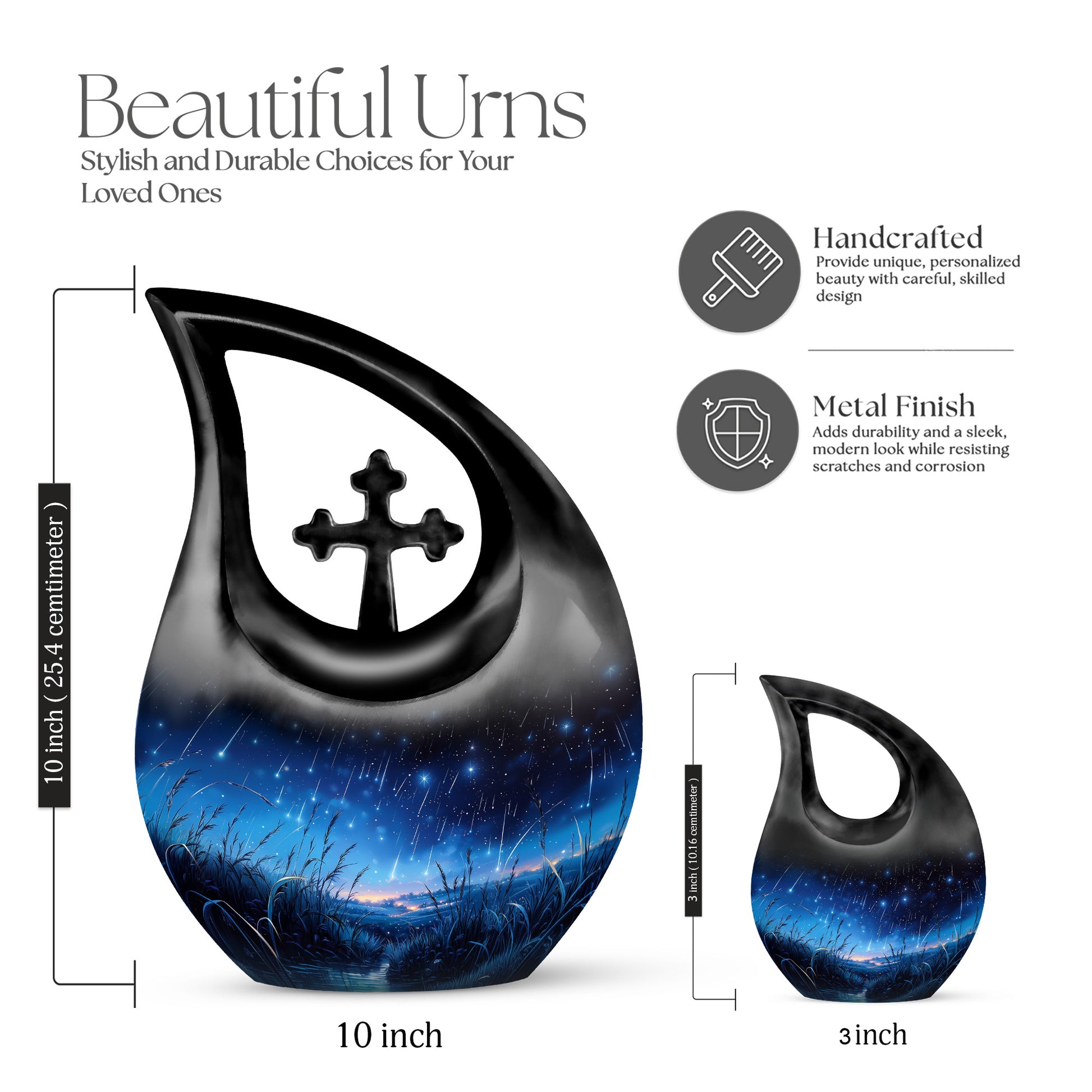 Glossy Black Blue Cremation Urn back view with polished surface - cross and blue combined in spiritual memorial design - mini keepsake memorial for portion of cremation ashes