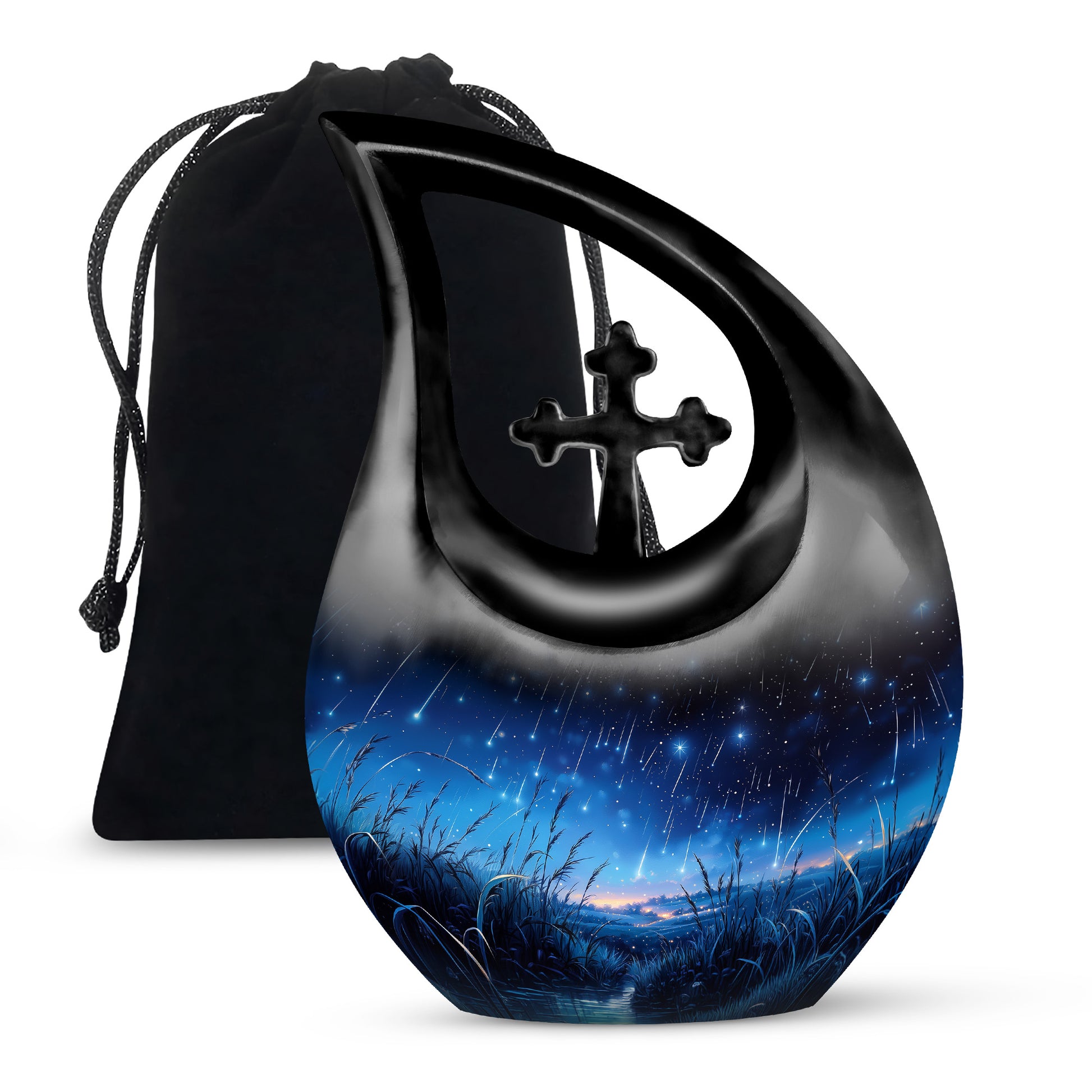 Ebony Blue Cremation Urn top-down view of secure threaded lid - cross and blue combined in spiritual memorial design - full-size 10 inch 200 cubic inch adult cremation urn