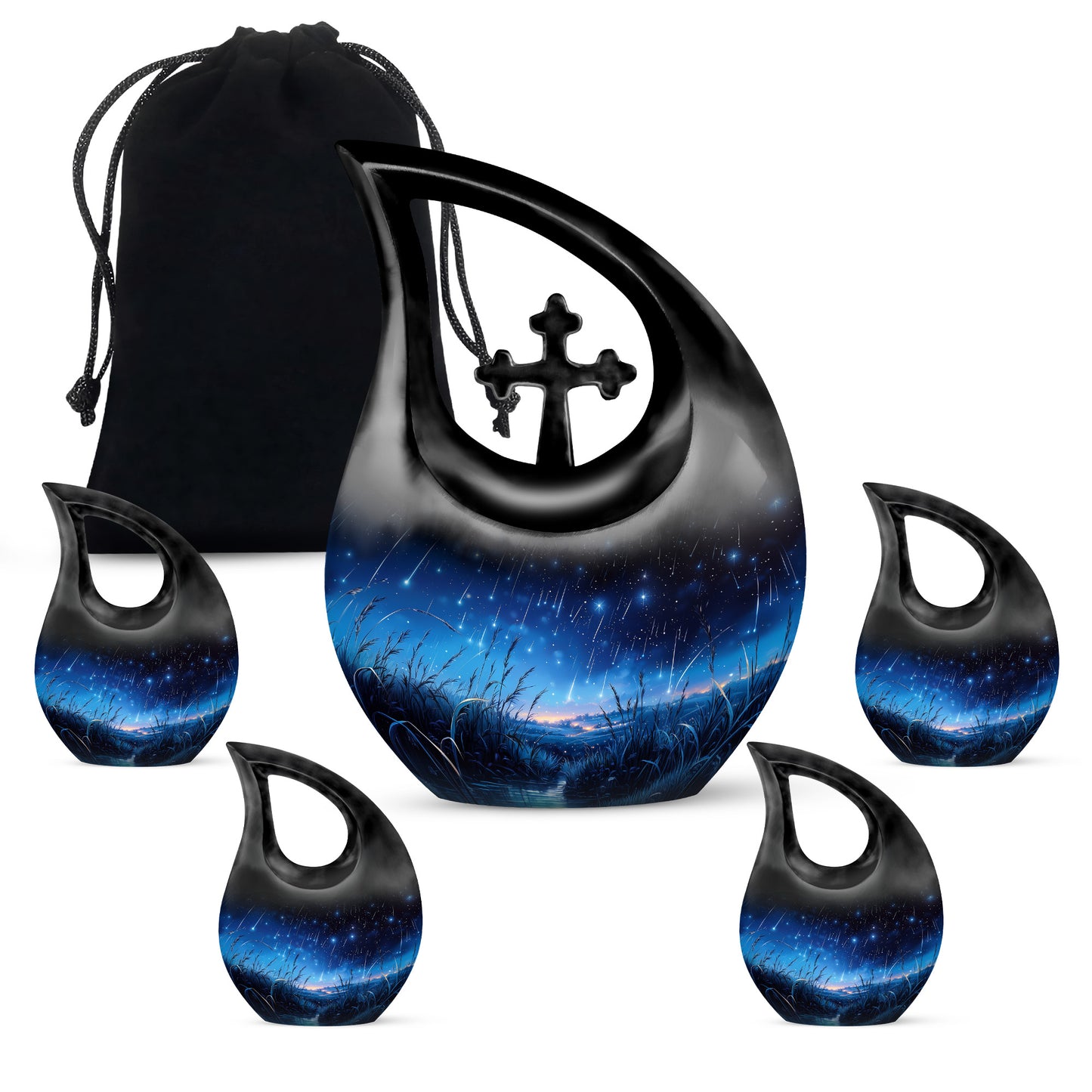 Onyx Black Blue Cremation Urn urn with complimentary velvet bag - devotional cross-drop blue engraving - memorial set with one large and four small urns