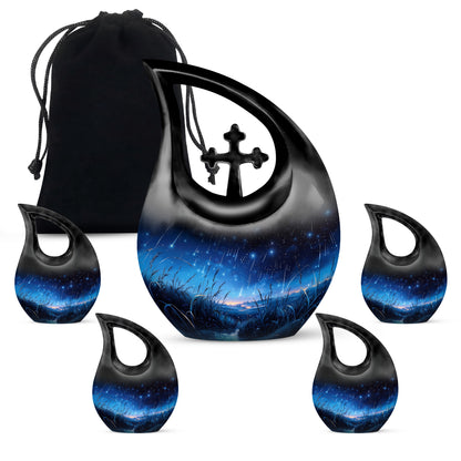 Onyx Black Blue Cremation Urn urn with complimentary velvet bag - devotional cross-drop blue engraving - memorial set with one large and four small urns