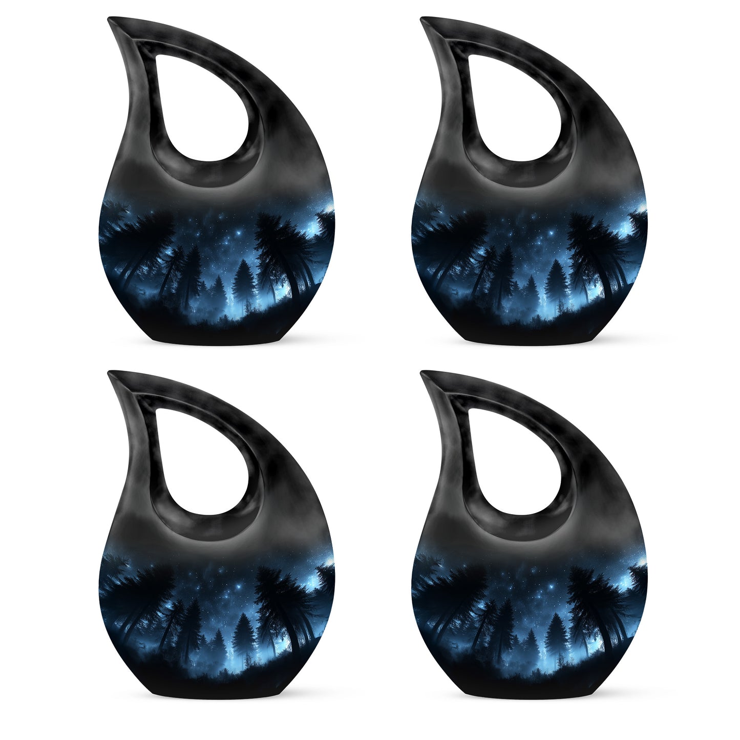 Obsidian Black Blue Cremation Urn lifestyle display on memorial shelf - faith-inspired cross-drop urn with blue pattern - 10 inch aluminum urn for cremated remains