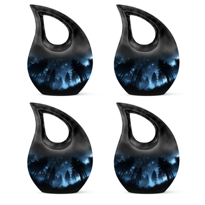 Obsidian Black Blue Cremation Urn lifestyle display on memorial shelf - faith-inspired cross-drop urn with blue pattern - 10 inch aluminum urn for cremated remains