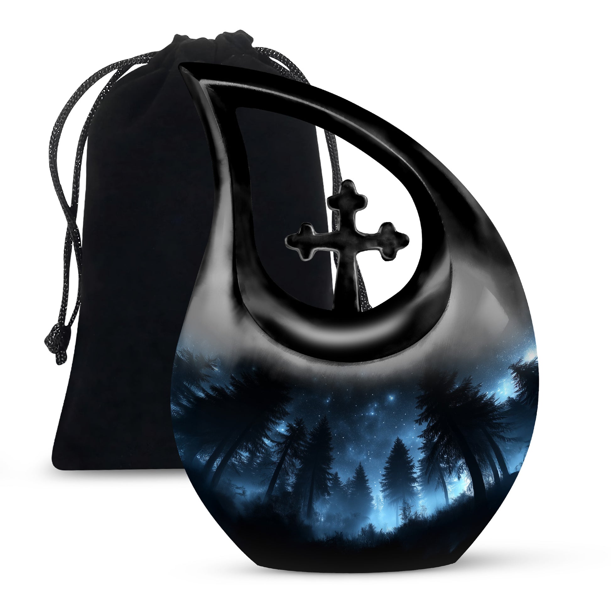 Glossy Black Blue Cremation Urn top-down view of secure threaded lid - cross and blue combined in spiritual memorial design - full-size 10 inch 200 cubic inch adult cremation urn