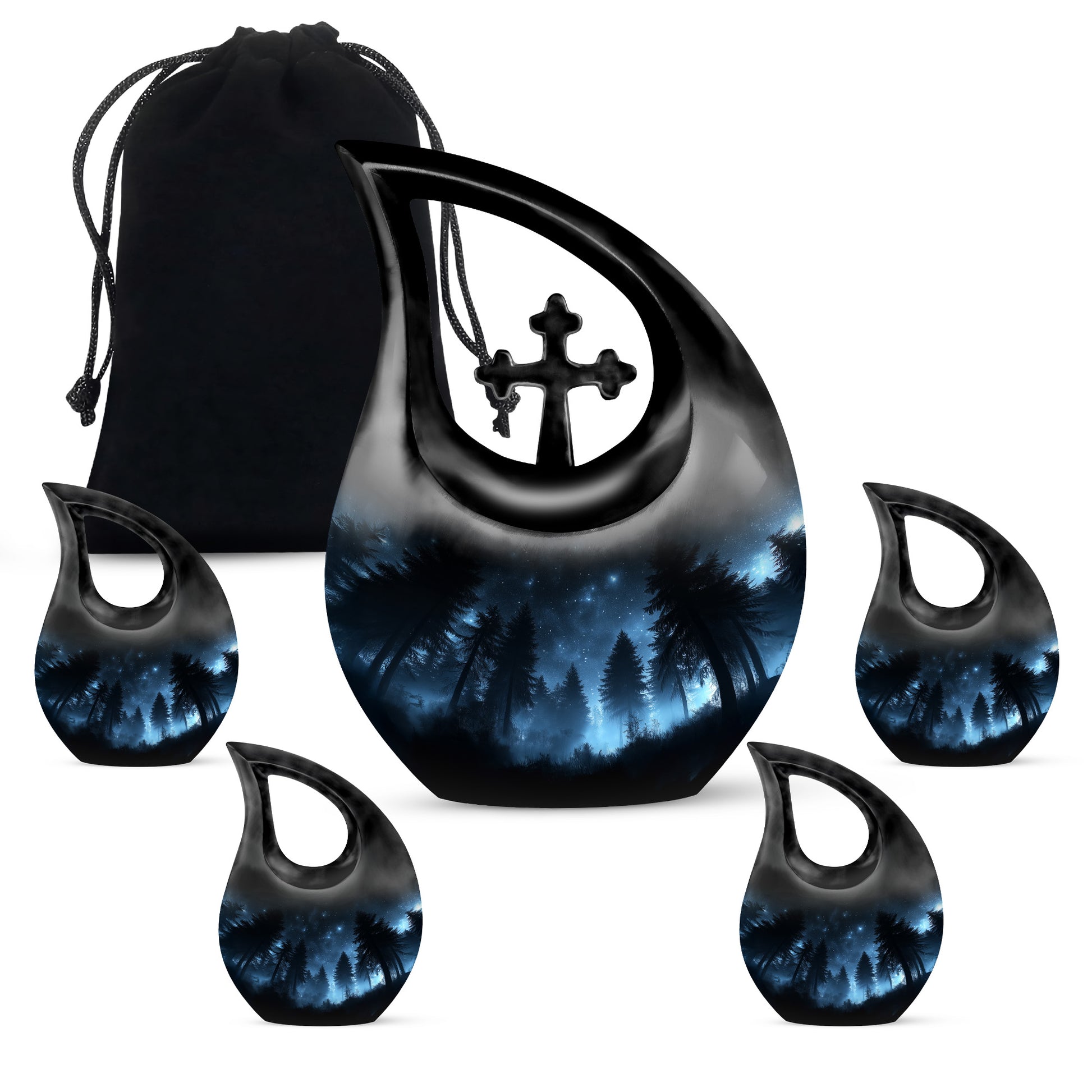 Charcoal Black Blue Cremation Urn urn with complimentary velvet bag - faith-inspired cross-drop urn with blue pattern - memorial set with one large and four small urns