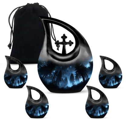 Charcoal Black Blue Cremation Urn urn with complimentary velvet bag - faith-inspired cross-drop urn with blue pattern - memorial set with one large and four small urns