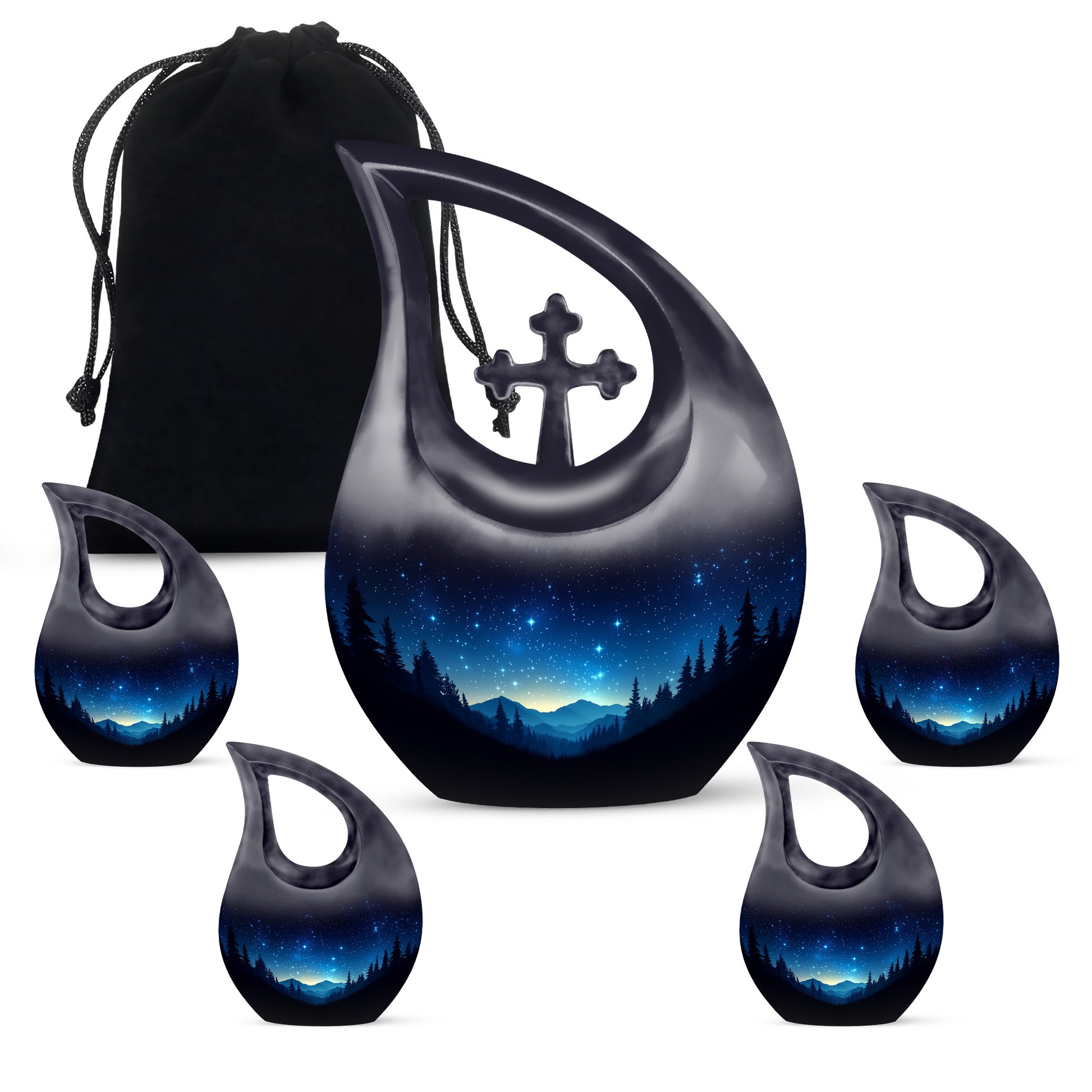 Midnight Black Blue Cremation Urn urn with complimentary velvet bag - faith-inspired cross-drop urn with blue pattern - memorial set with one large and four small urns
