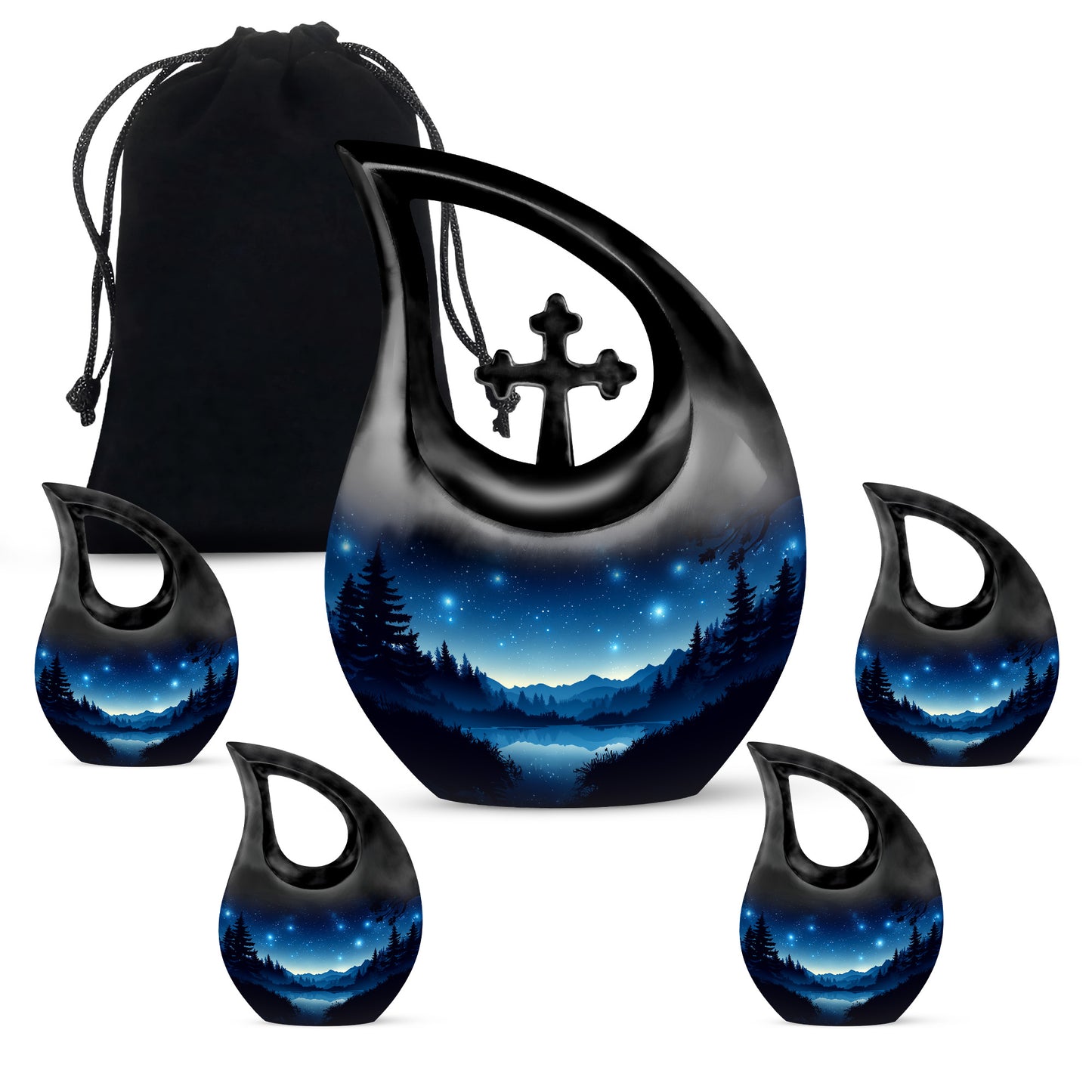 Pastel Blue Blue Cremation Urn urn with complimentary velvet bag - cross and blue combined in spiritual memorial design - memorial set with one large and four small urns