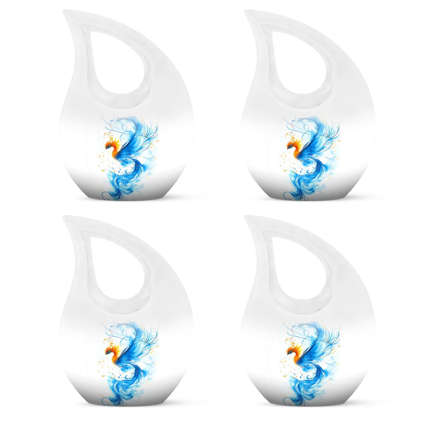 Satin Silver Blue Cremation Urn lifestyle display on memorial shelf - sacred cross merged with blue motif on metal - 10 inch aluminum urn for cremated remains