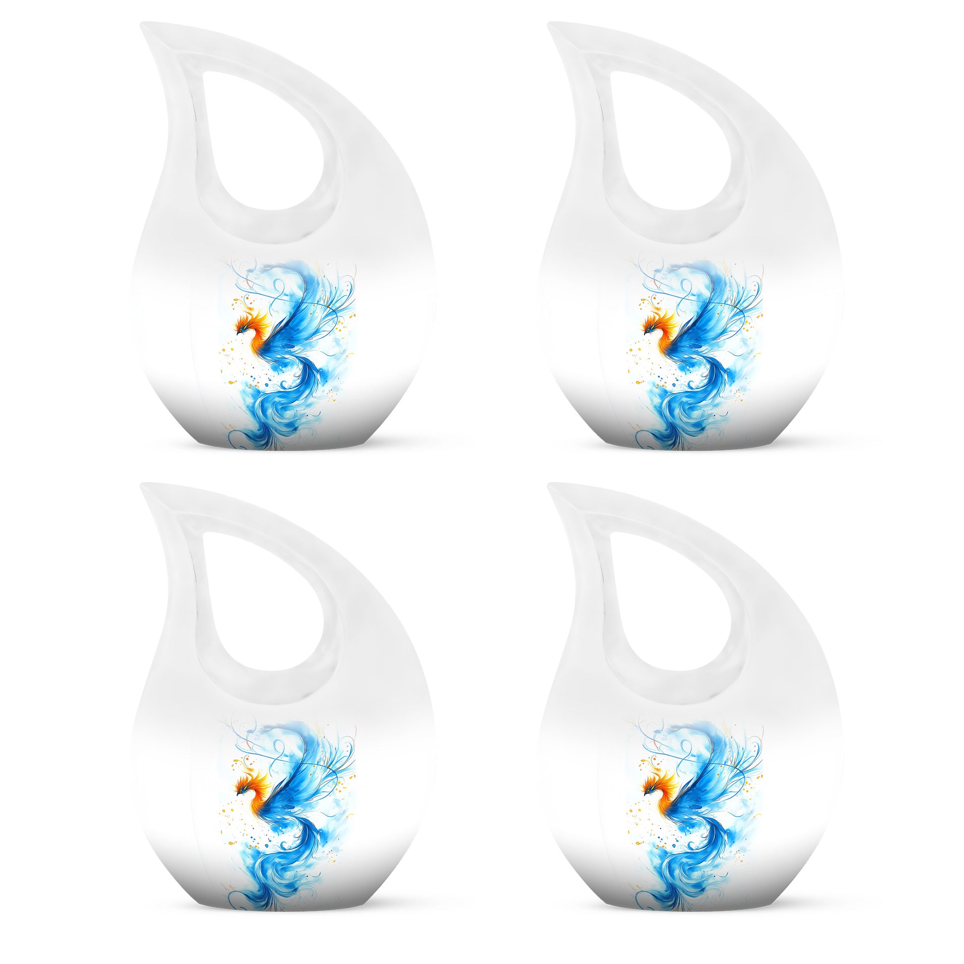 Satin Silver Blue Cremation Urn lifestyle display on memorial shelf - sacred cross merged with blue motif on metal - 10 inch aluminum urn for cremated remains