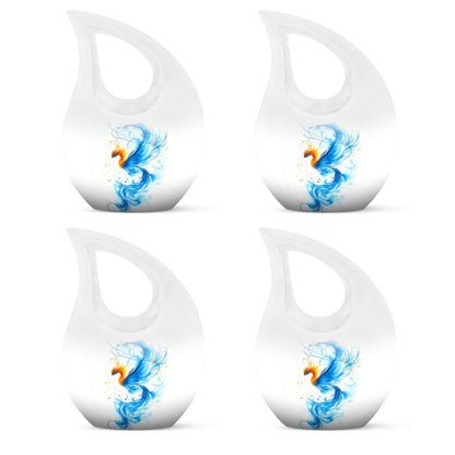 Satin Silver Blue Cremation Urn lifestyle display on memorial shelf - sacred cross merged with blue motif on metal - 10 inch aluminum urn for cremated remains