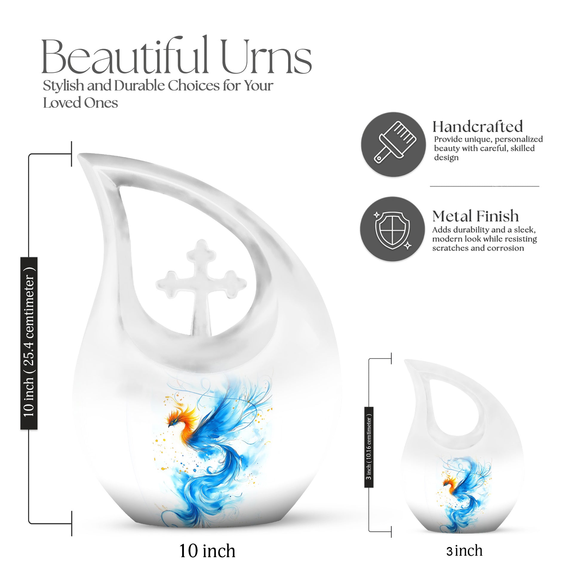 Frosted Silver Blue Cremation Urn back view with polished surface - devotional cross-drop blue engraving - mini keepsake memorial for portion of cremation ashes