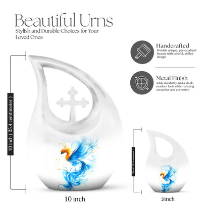 Frosted Silver Blue Cremation Urn back view with polished surface - devotional cross-drop blue engraving - mini keepsake memorial for portion of cremation ashes