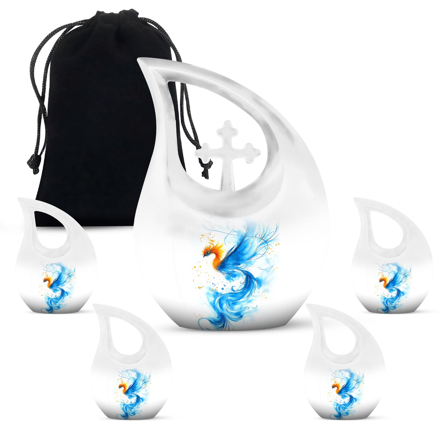 Moonlight Silver Blue Cremation Urn urn with complimentary velvet bag - faith-inspired cross-drop urn with blue pattern - memorial set with one large and four small urns