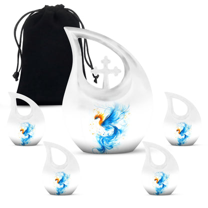 Moonlight Silver Blue Cremation Urn urn with complimentary velvet bag - faith-inspired cross-drop urn with blue pattern - memorial set with one large and four small urns