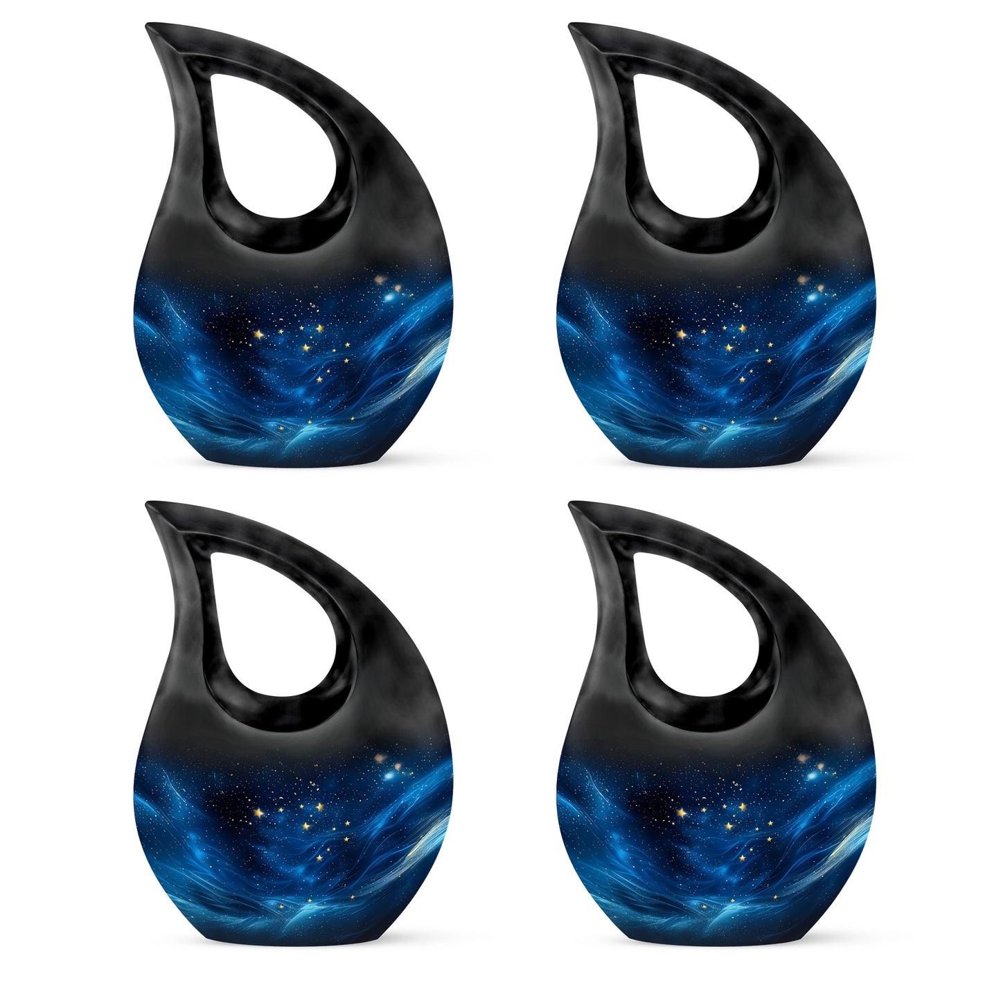 Ebony Blue Cremation Urn lifestyle display on memorial shelf - cross and blue combined in spiritual memorial design - 10 inch aluminum urn for cremated remains