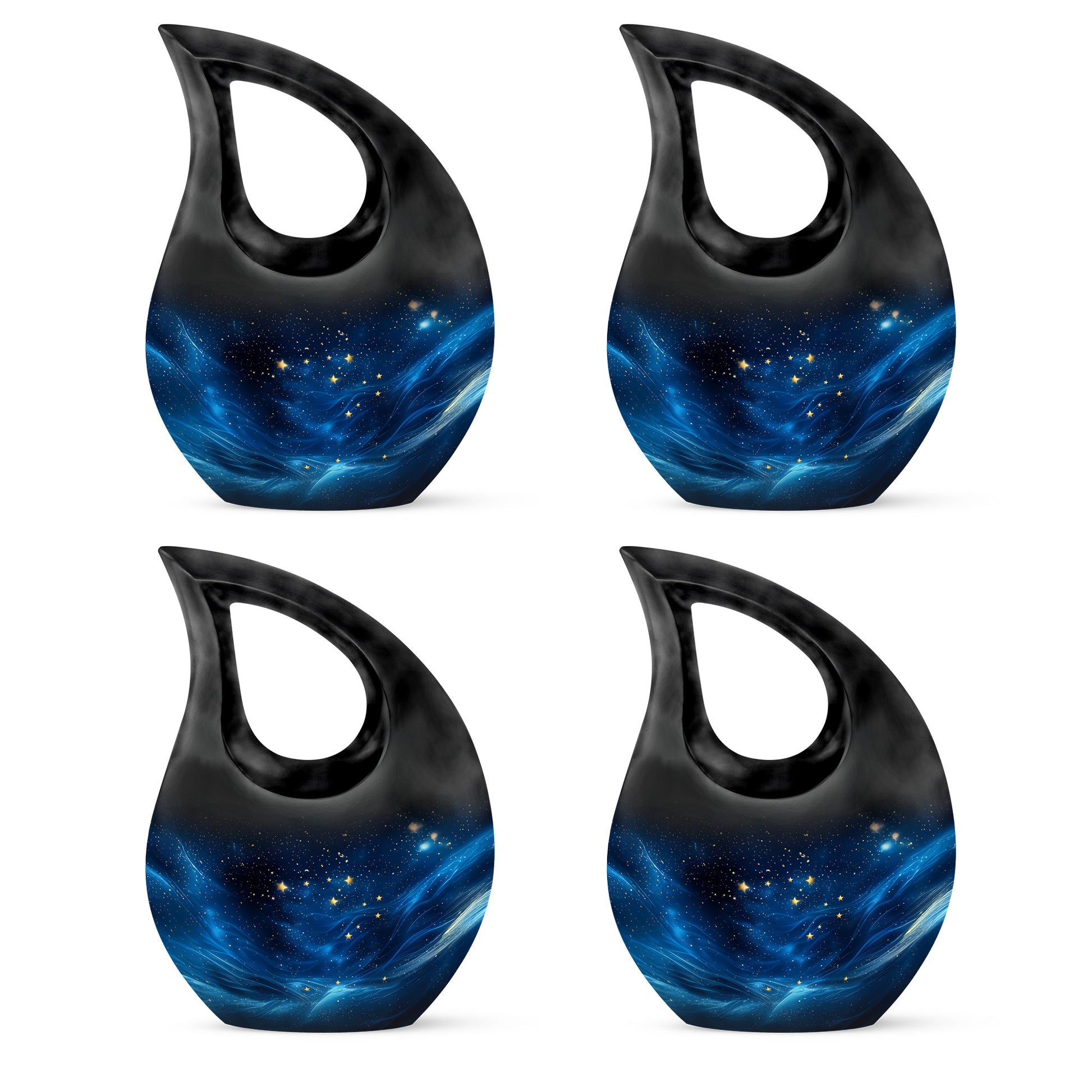 Ebony Blue Cremation Urn lifestyle display on memorial shelf - cross and blue combined in spiritual memorial design - 10 inch aluminum urn for cremated remains