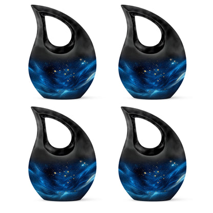Ebony Blue Cremation Urn lifestyle display on memorial shelf - cross and blue combined in spiritual memorial design - 10 inch aluminum urn for cremated remains