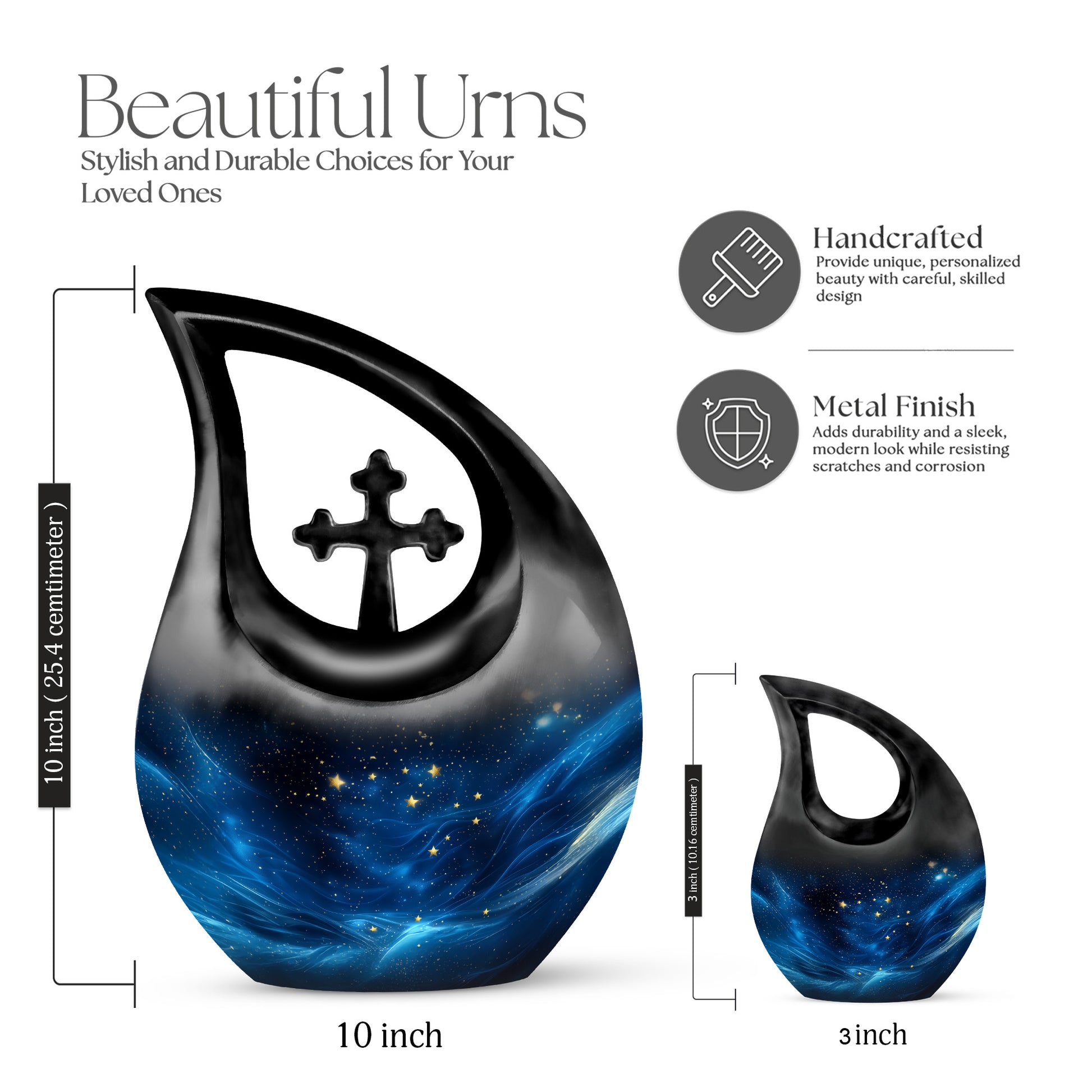 Deep Black Blue Cremation Urn back view with polished surface - sacred cross merged with blue motif on metal - mini keepsake memorial for portion of cremation ashes