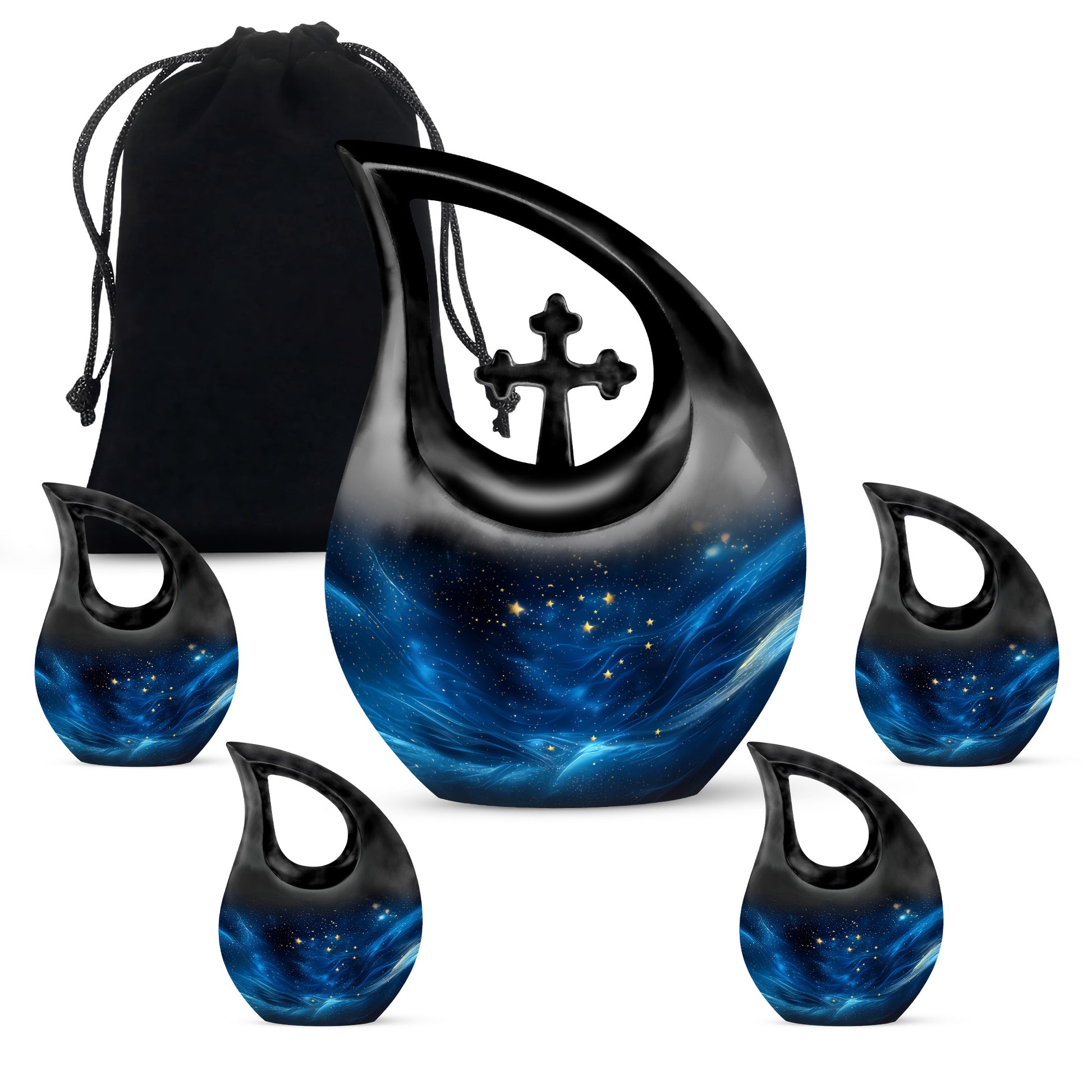 Onyx Black Blue Cremation Urn urn with complimentary velvet bag - devotional cross-drop blue engraving - memorial set with one large and four small urns