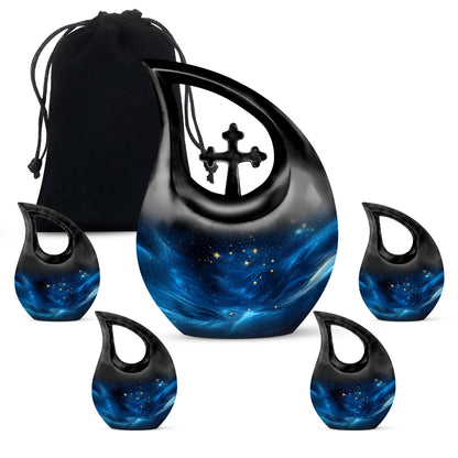 Onyx Black Blue Cremation Urn urn with complimentary velvet bag - devotional cross-drop blue engraving - memorial set with one large and four small urns