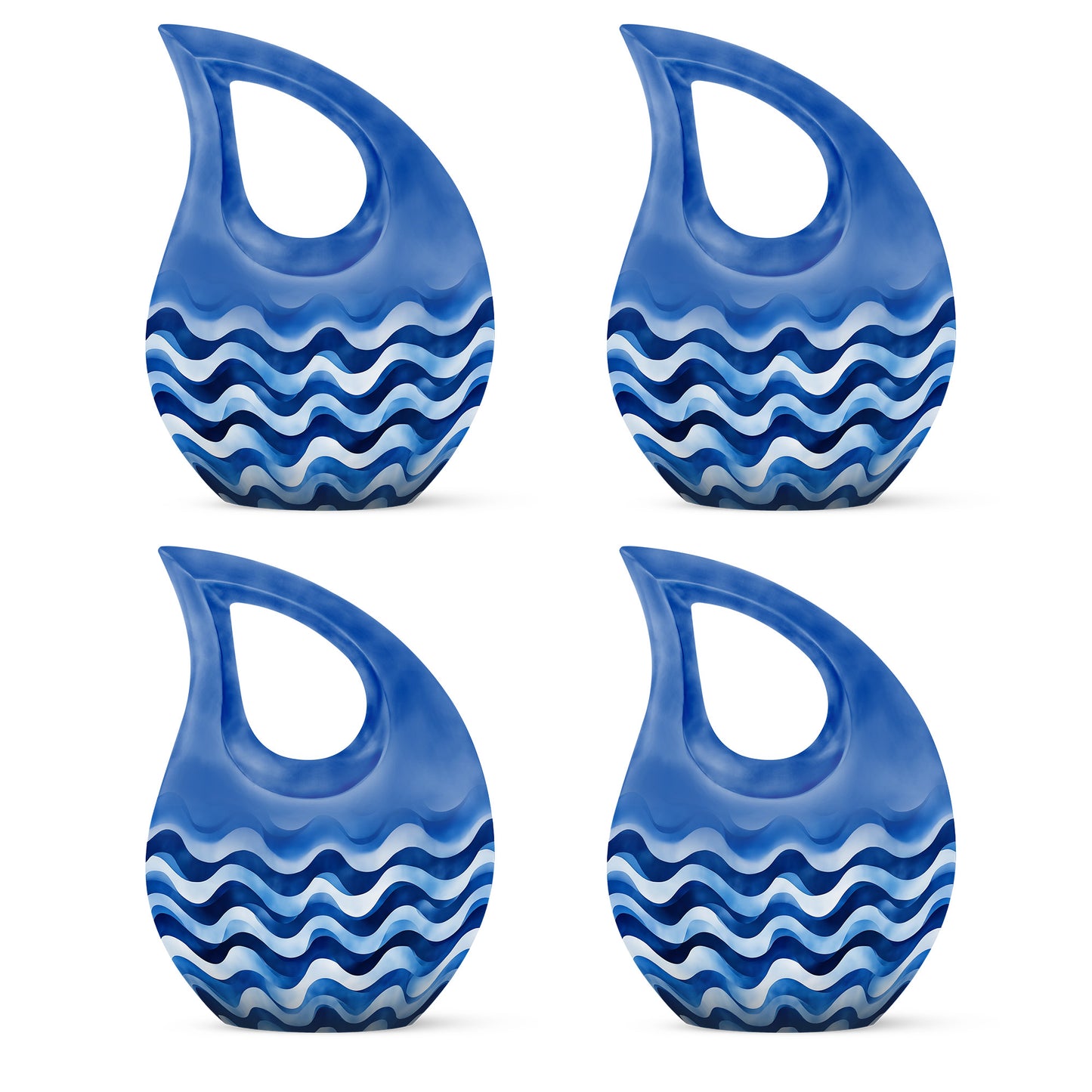 Royal Blue Blue Cremation Urn lifestyle display on memorial shelf - faith-inspired cross-drop urn with blue pattern - 10 inch aluminum urn for cremated remains