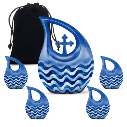Celestial Blue Blue Cremation Urn urn with complimentary velvet bag - sacred cross merged with blue motif on metal - memorial set with one large and four small urns