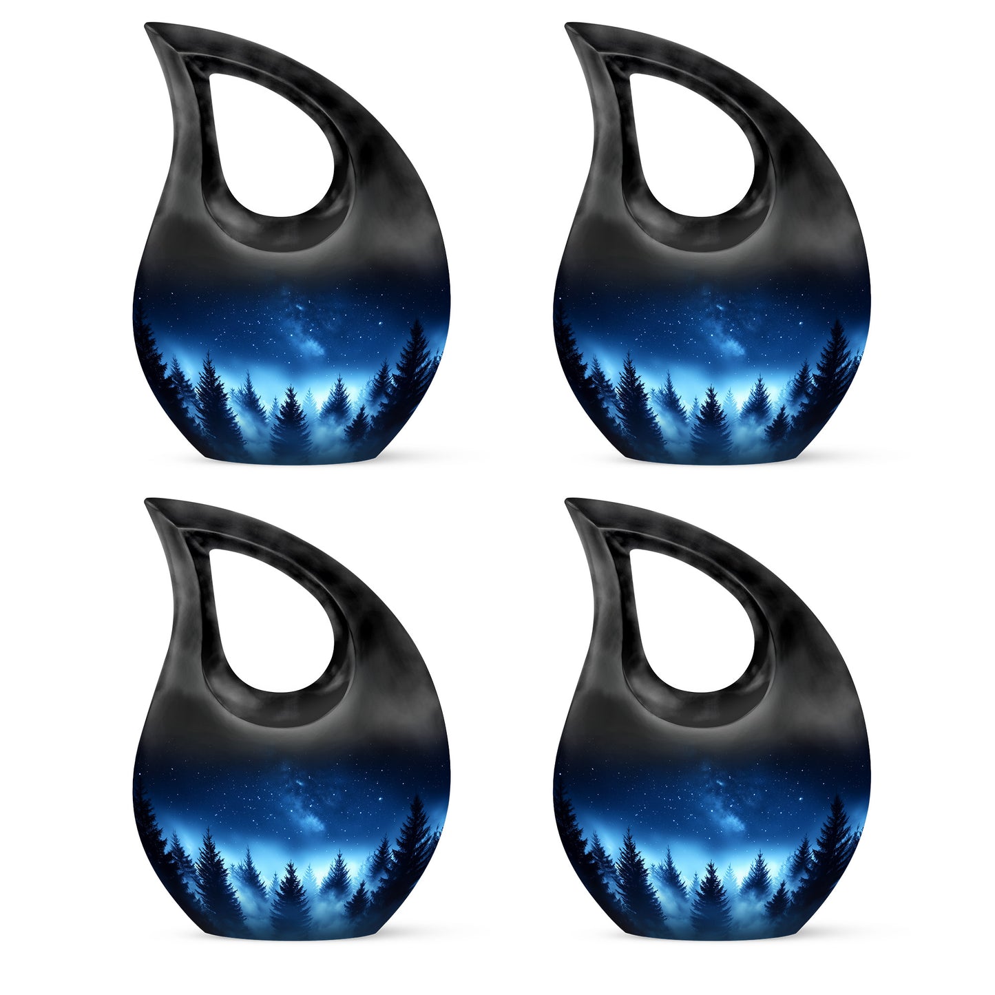 Sapphire Blue Blue Cremation Urn lifestyle display on memorial shelf - devotional cross-drop blue engraving - 10 inch aluminum urn for cremated remains