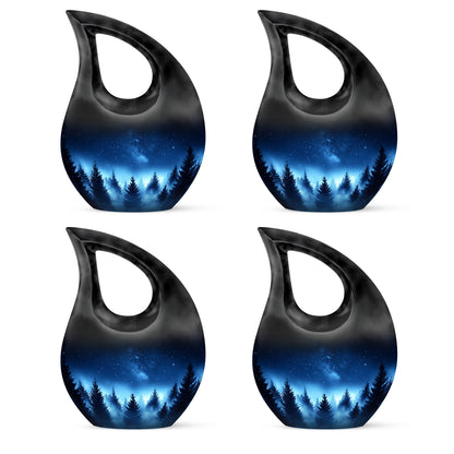 Sapphire Blue Blue Cremation Urn lifestyle display on memorial shelf - devotional cross-drop blue engraving - 10 inch aluminum urn for cremated remains
