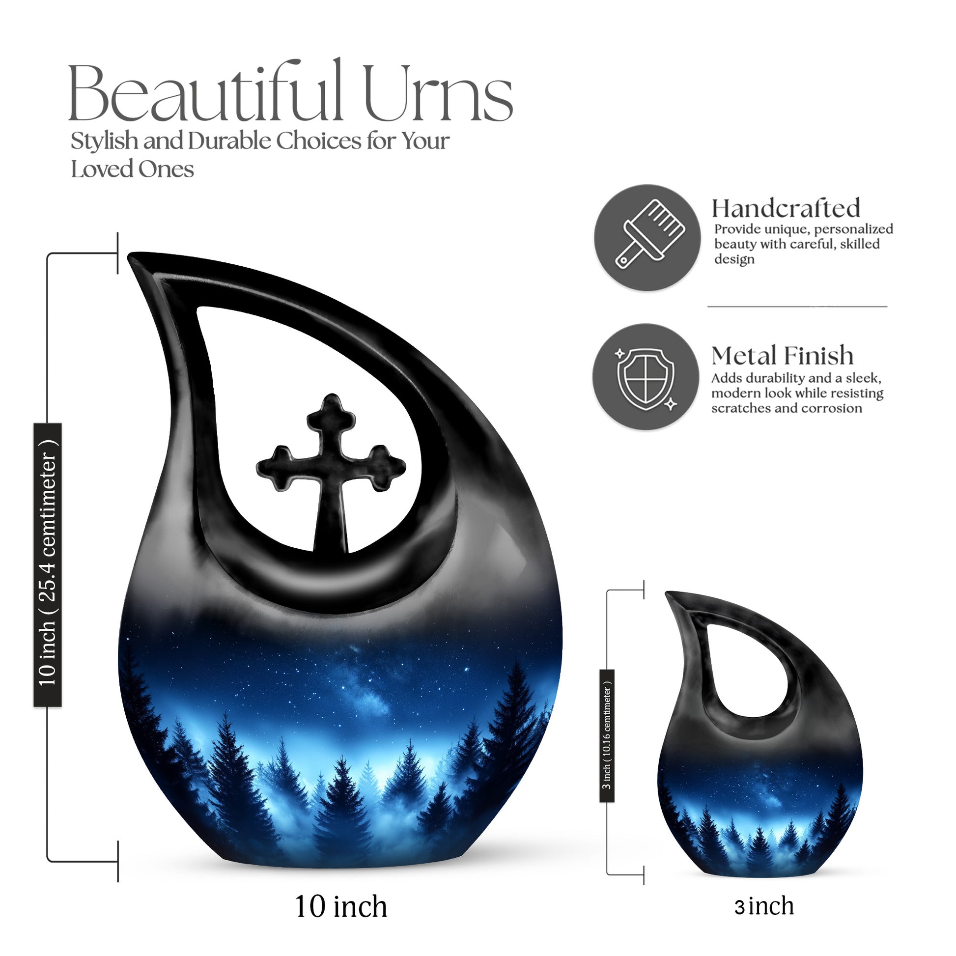Sky Blue Blue Cremation Urn back view with polished surface - sacred cross merged with blue motif on metal - mini keepsake memorial for portion of cremation ashes