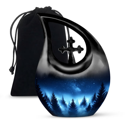 Navy Blue Blue Cremation Urn top-down view of secure threaded lid - sacred cross merged with blue motif on metal - full-size 10 inch 200 cubic inch adult cremation urn