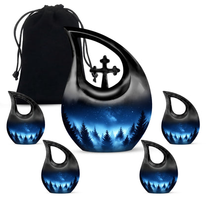 Navy Blue Blue Cremation Urn urn with complimentary velvet bag - sacred cross merged with blue motif on metal - memorial set with one large and four small urns