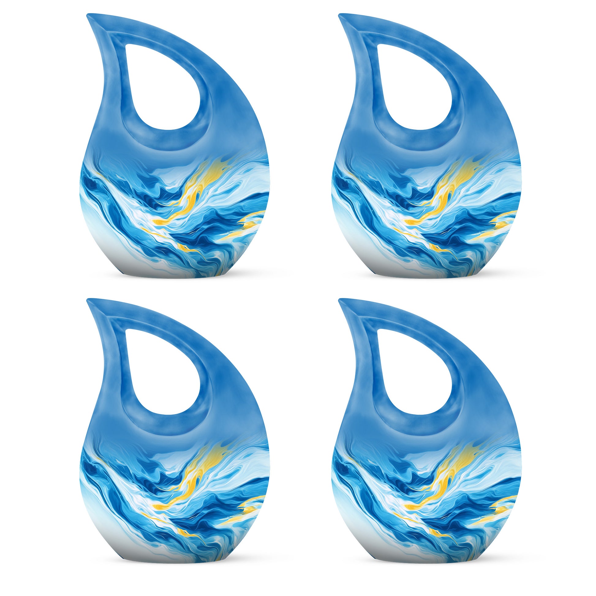 Sapphire Blue Blue Cremation Urn lifestyle display on memorial shelf - faith-inspired cross-drop urn with blue pattern - 10 inch aluminum urn for cremated remains