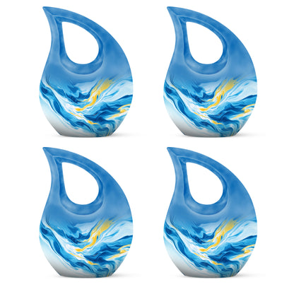 Sapphire Blue Blue Cremation Urn lifestyle display on memorial shelf - faith-inspired cross-drop urn with blue pattern - 10 inch aluminum urn for cremated remains