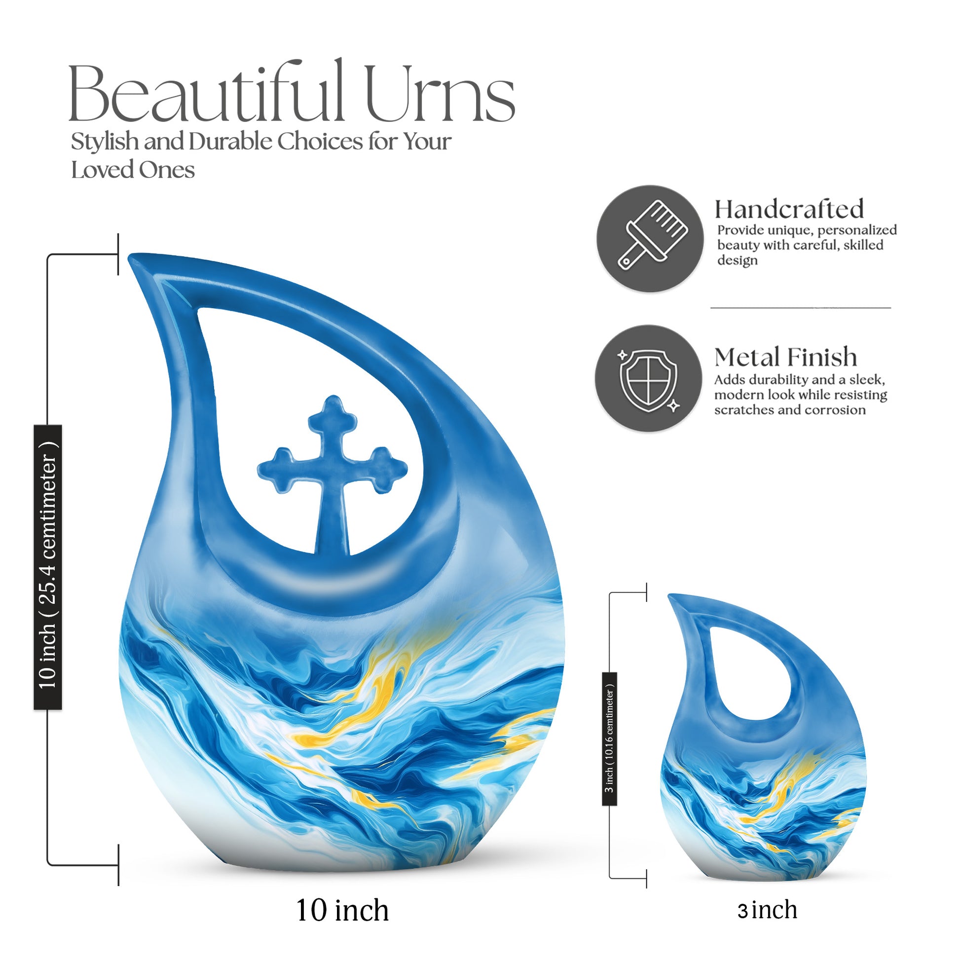 Soft Blue Blue Cremation Urn back view with polished surface - faith-inspired cross-drop urn with blue pattern - mini keepsake memorial for portion of cremation ashes