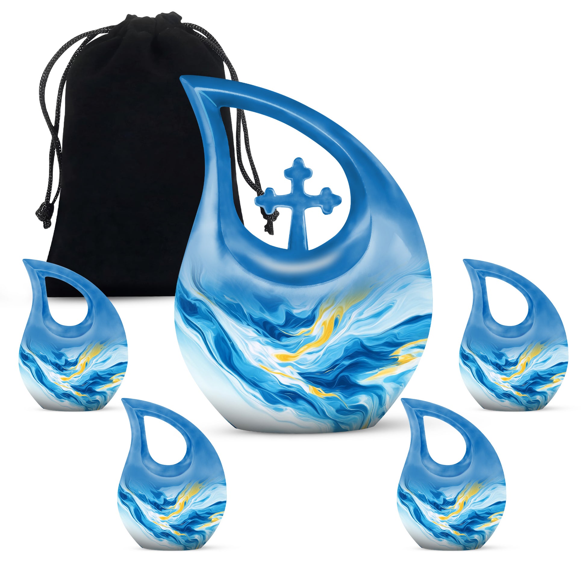 Sapphire Blue Blue Cremation Urn urn with complimentary velvet bag - faith-inspired cross-drop urn with blue pattern - memorial set with one large and four small urns