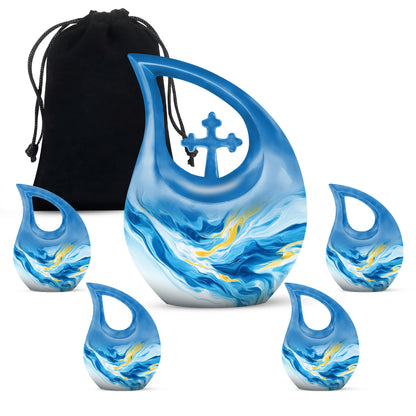 Sapphire Blue Blue Cremation Urn urn with complimentary velvet bag - faith-inspired cross-drop urn with blue pattern - memorial set with one large and four small urns