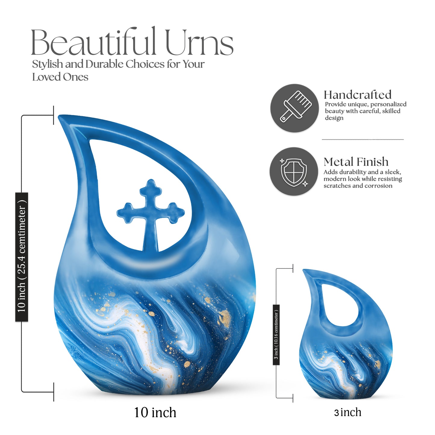 Indigo Blue Cremation Urn back view with polished surface - cross and blue combined in spiritual memorial design - mini keepsake memorial for portion of cremation ashes