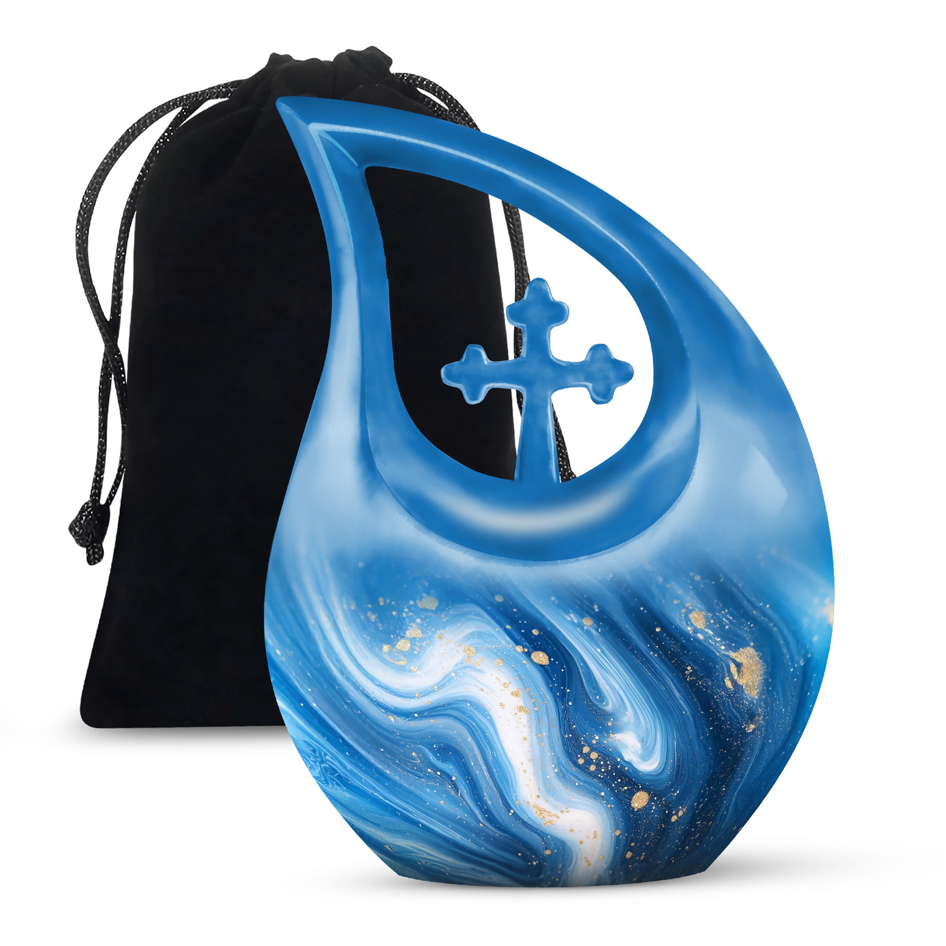 Vivid Blue Blue Cremation Urn top-down view of secure threaded lid - devotional cross-drop blue engraving - full-size 10 inch 200 cubic inch adult cremation urn