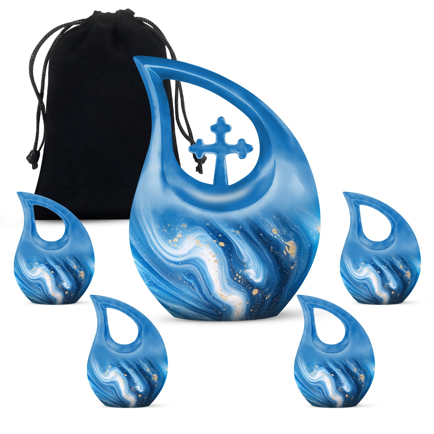 Dusty Blue Blue Cremation Urn urn with complimentary velvet bag - sacred cross merged with blue motif on metal - memorial set with one large and four small urns