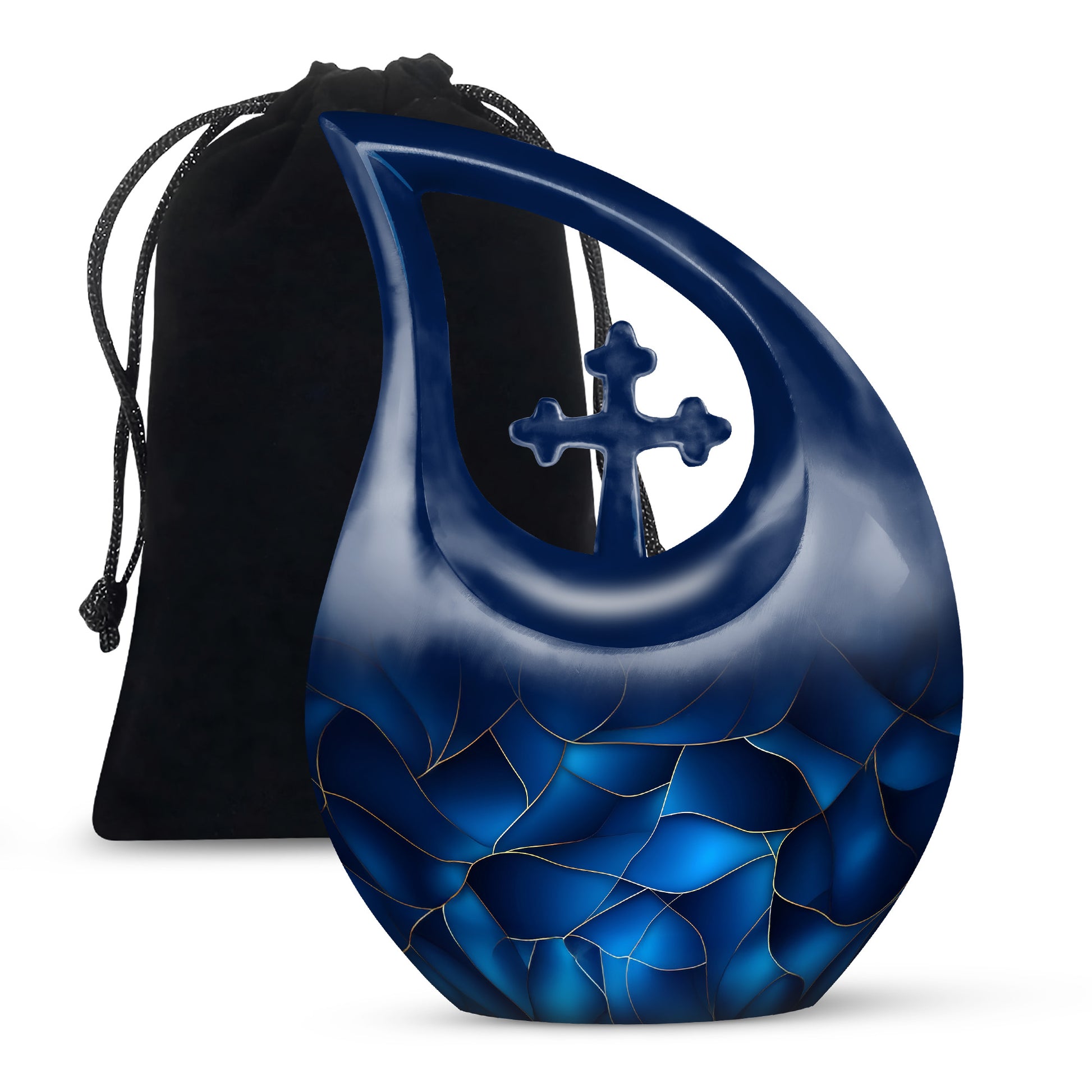 Navy Blue Blue Cremation Urn top-down view of secure threaded lid - cross and blue combined in spiritual memorial design - full-size 10 inch 200 cubic inch adult cremation urn