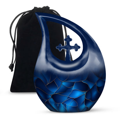 Navy Blue Blue Cremation Urn top-down view of secure threaded lid - cross and blue combined in spiritual memorial design - full-size 10 inch 200 cubic inch adult cremation urn