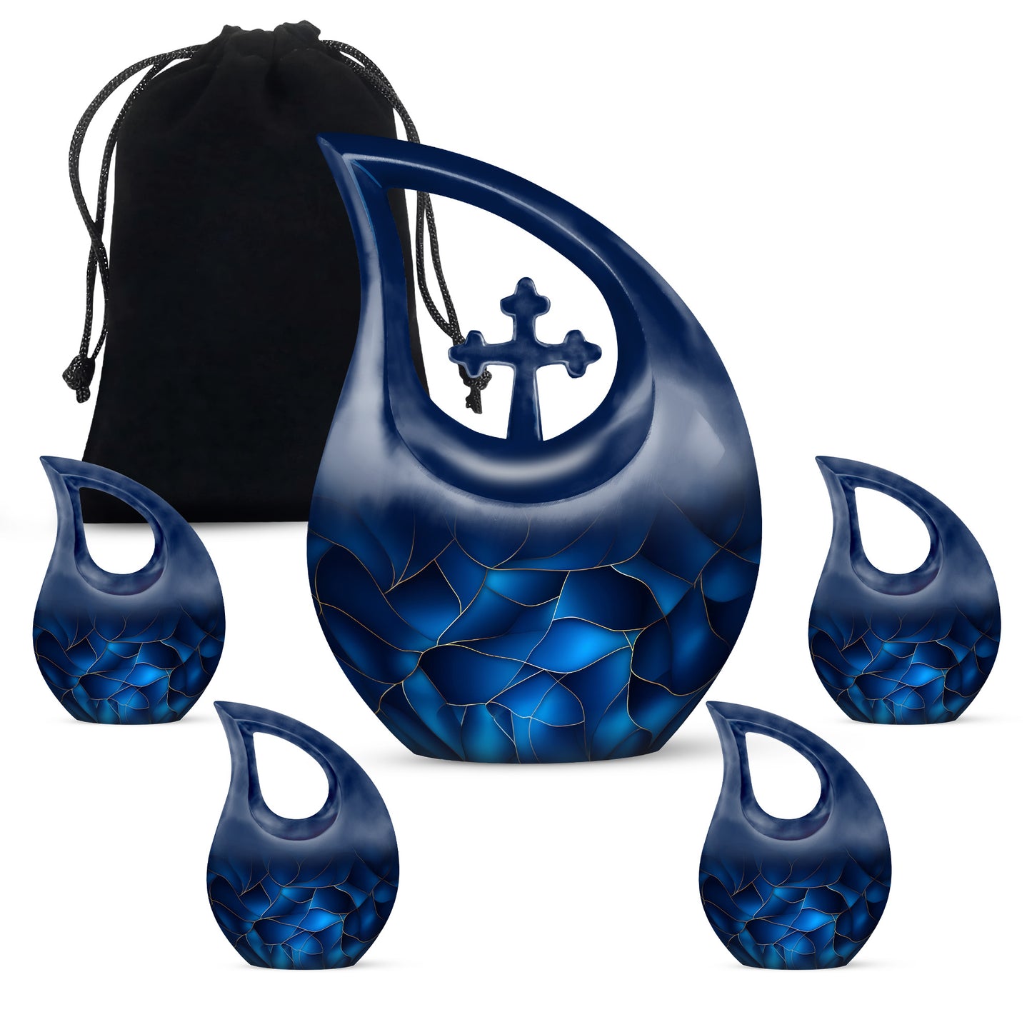 Bright Blue Blue Cremation Urn urn with complimentary velvet bag - faith-inspired cross-drop urn with blue pattern - memorial set with one large and four small urns