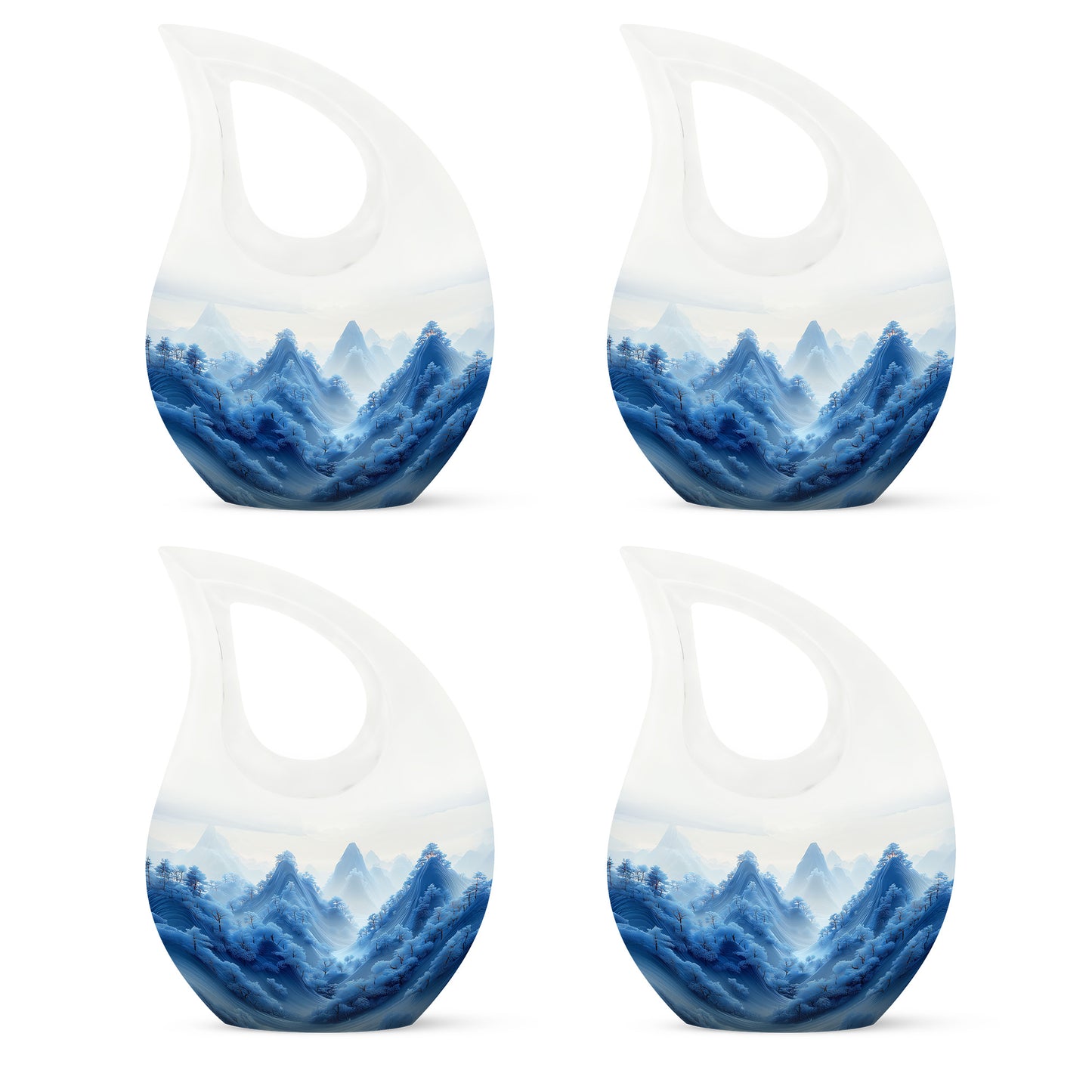 Frosted Silver Blue Cremation Urn lifestyle display on memorial shelf - faith-inspired cross-drop urn with blue pattern - 10 inch aluminum urn for cremated remains